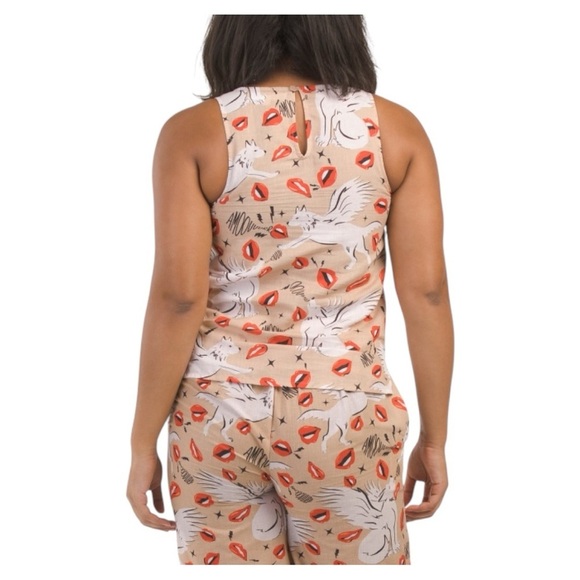 LAS SURENAS Wolf Kisses Amore Lip Print Linen Sleeveless Top Camisole Blouse NEW - Picture 8 of 15